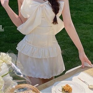 Japanese Cream Ivory Satin Soft Corset Scalloped Layered Mini Skirt